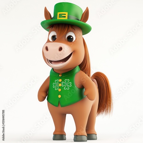 Saint Patrick's dressed horse, playful expression, green hat, white.