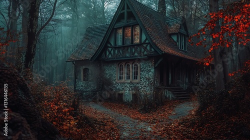 Stone cottage stands alone in misty forest, leaves falling, suitable for spooky themes