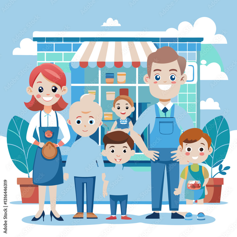 Friendly characters engaging with children at a whimsical store scene Friendly characters engaging with children at a whimsical store scene