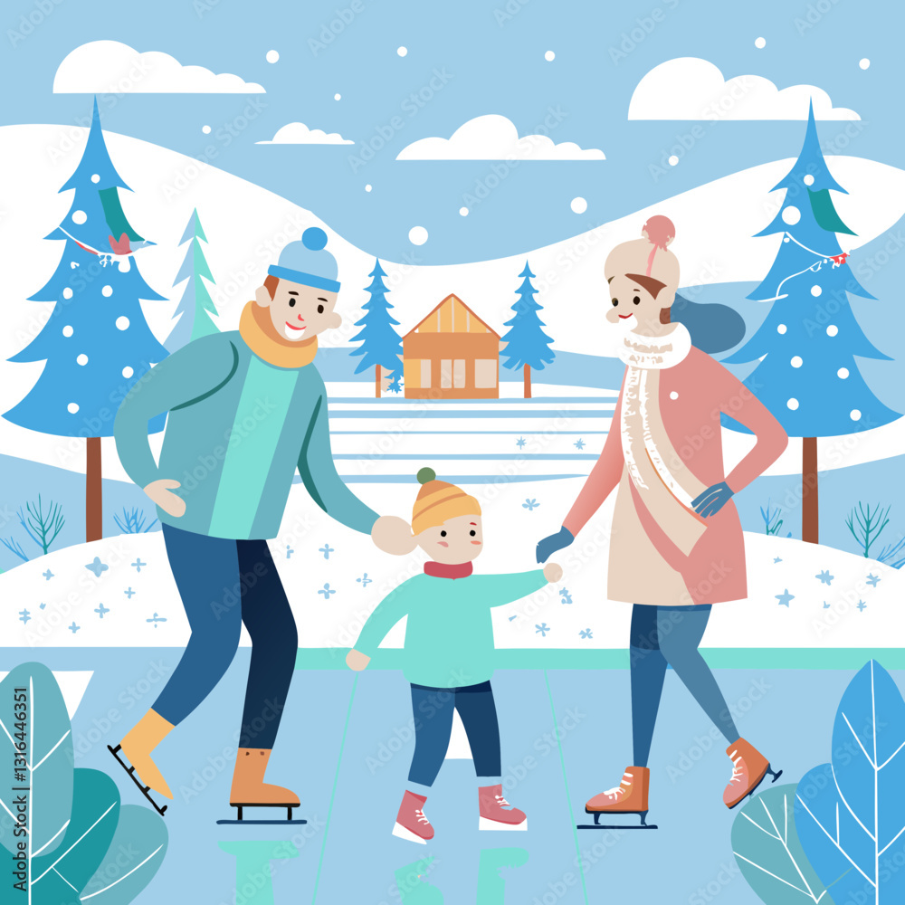 Fototapeta premium Families enjoying a lovely day on ice skates in a snowy landscape