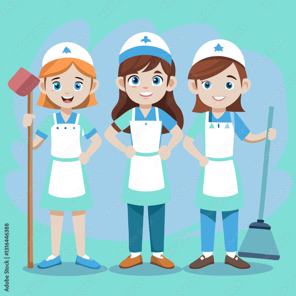 Cleaners with tools preparing to make spaces spotless Cleaners with tools preparing to make spaces spotless