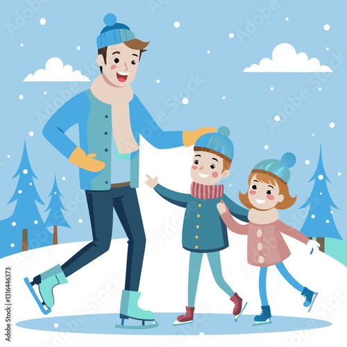 Family ice skating together in a scenic winter park
