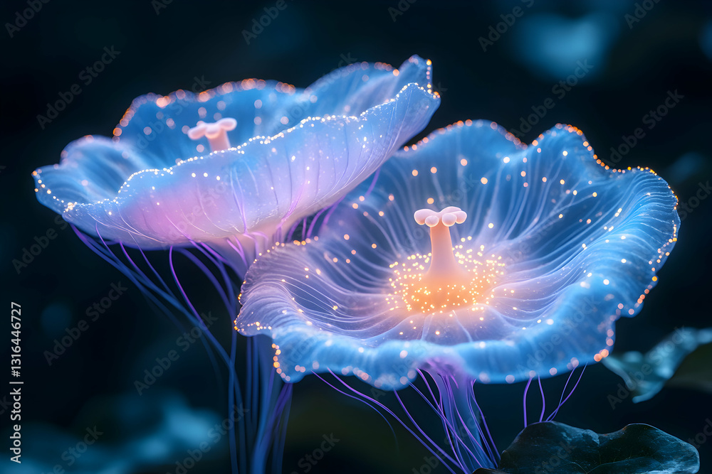 Obraz premium Enchanting luminous flora with bioluminescent petals in deep sea ambience