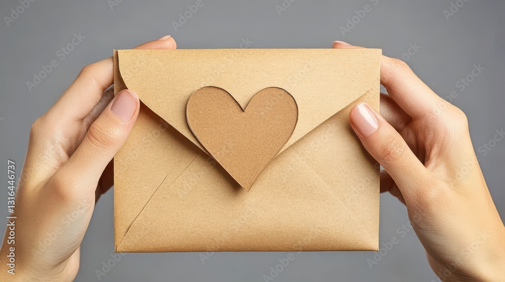 Hands holding a kraft envelope with a heart detail. Perfect for Valentine's Day or romantic occasions. Hands holding a kraft envelope with a heart detail. Perfect for Valentine's Day or romantic occasions.