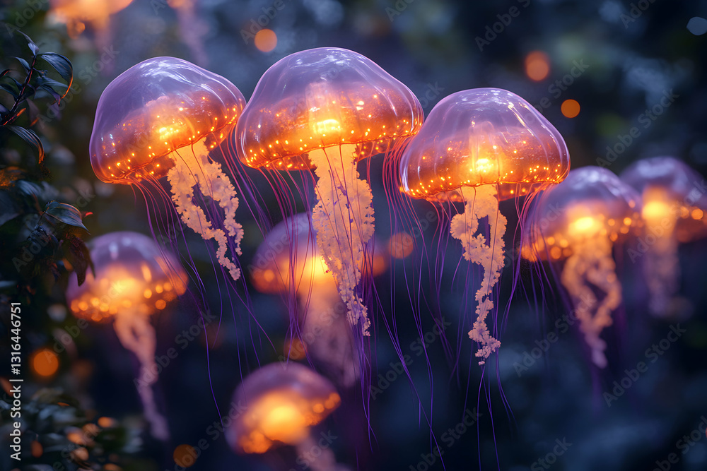Fototapeta premium Enchanting Luminous Jellyfish Lanterns Floating in an Indigo Night