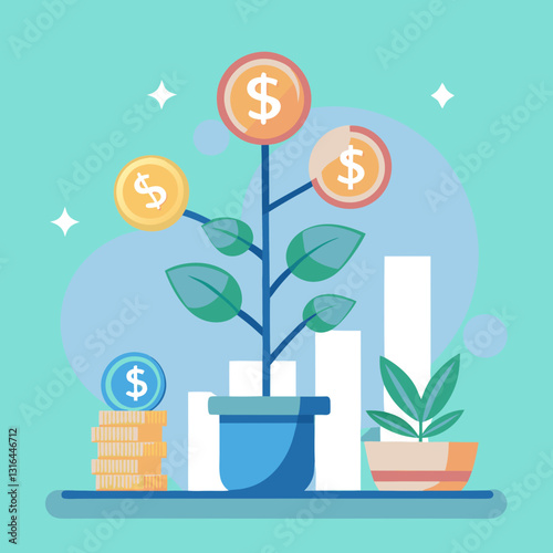 An engaging graphic showcasing a plant with coins, representing investment and financial growth.