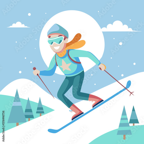 A woman skiing downhill with enthusiasm against a backdrop of snowy peaks and a clear sky.