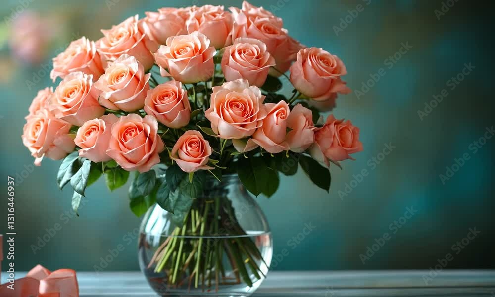 A vibrant bouquet of peach roses in a glass vase, elegantly displayed on a wooden table with soft lighting