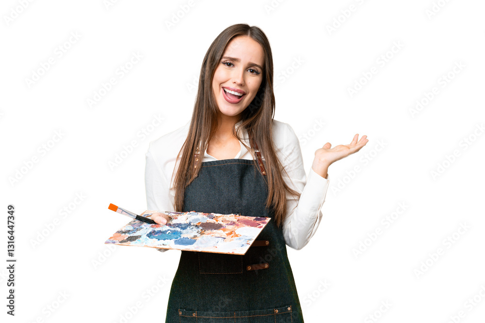 Young artist woman holding a palette over isolated chroma key background with shocked facial expression Young artist woman holding a palette over isolated chroma key background with shocked facial expression