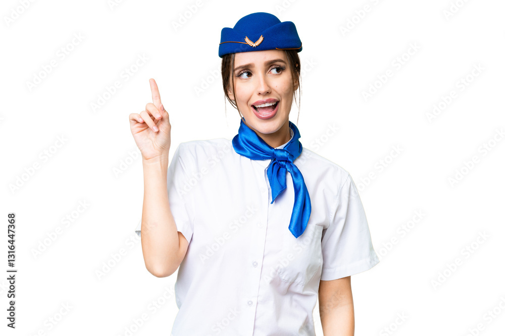 Airplane stewardess over isolated chroma key background intending to realizes the solution while lifting a finger up Airplane stewardess over isolated chroma key background intending to realizes the solution while lifting a finger up