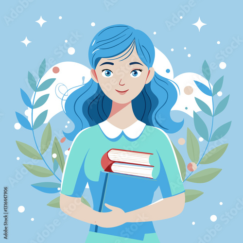 A confident woman holding books, embodying knowledge and empowerment in a bright and inspiring setting.