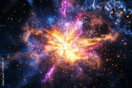 Cosmic explosion showcasing vibrant colors and swirling particles in deep space