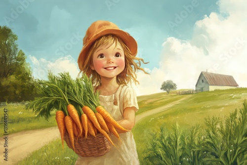 'A little girl with rosy cheeks, standing in a rural farm setting, proudly showing her harvest of homegrown carrots.