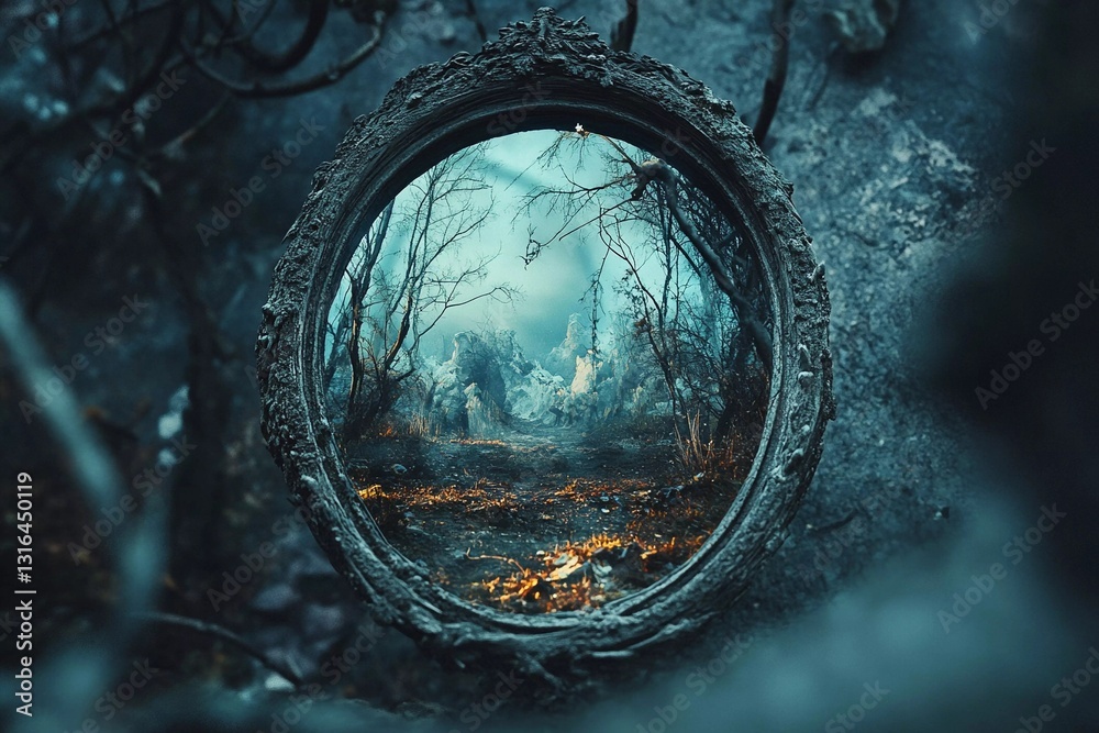 Obraz premium Unique view through tree bark showcasing a quiet lake reflecting autumn foliage and dramatic clouds at sunset