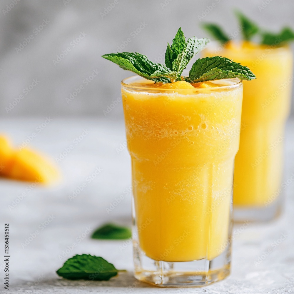 Fototapeta premium Refreshing Mango Smoothie with Mint Garnish in Glass Summer Drink