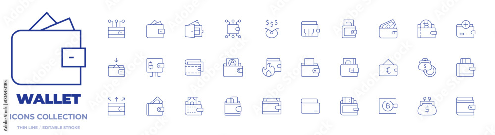 Wallet icons collection. Thin Line icons, editable stroke. expenses, money back, purse, digital wallet, wallet, online wallet, top up Wallet icons collection. Thin Line icons, editable stroke. expenses, money back, purse, digital wallet, wallet, online wallet, top up