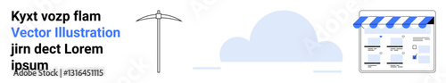 Text placeholder on left, blue parasol, cloud, and store website interface under striped blue awning. Ideal for e-commerce, cloud storage, digital marketing, website building, online services store