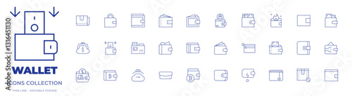 Wallet icons collection. Thin Line icons, editable stroke. credit card, banknote, purse, loss, wallet, digital wallet