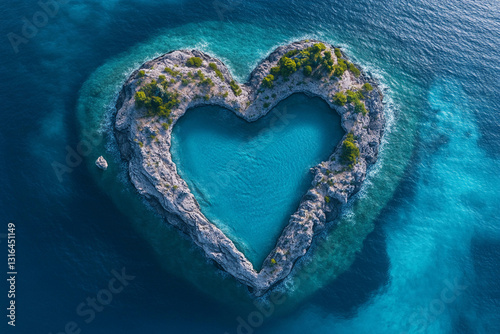Heart-shaped island surrounded by turquoise water in a tropical setting
