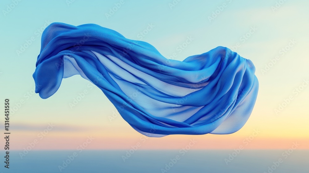 Fototapeta premium Fluid blue fabric drapes against a soft sunset