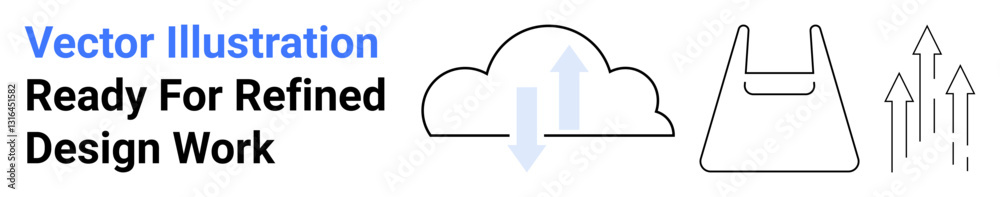 Cloud with arrows for data transfer, eco-friendly shopping bag outline, and multiple arrows indicating growth. Ideal for tech, digital storage, environment, business, progress, innovation flat Cloud with arrows for data transfer, eco-friendly shopping bag outline, and multiple arrows indicating growth. Ideal for tech, digital storage, environment, business, progress, innovation flat