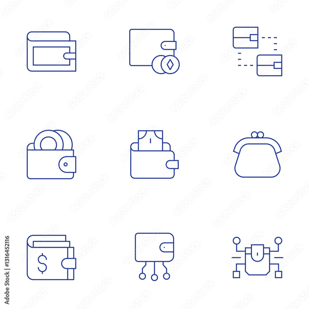 Wallet icons set. Thin Line style, editable stroke. exchange, purse, wallet, digital wallet Wallet icons set. Thin Line style, editable stroke. exchange, purse, wallet, digital wallet