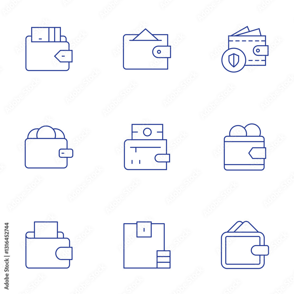 Wallet icons set. Thin Line style, editable stroke. wallet, wallet passes app Wallet icons set. Thin Line style, editable stroke. wallet, wallet passes app