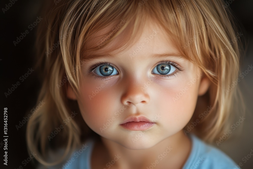Child with striking blue eyes gazing directly at the camera in a soft indoor light Child with striking blue eyes gazing directly at the camera in a soft indoor light