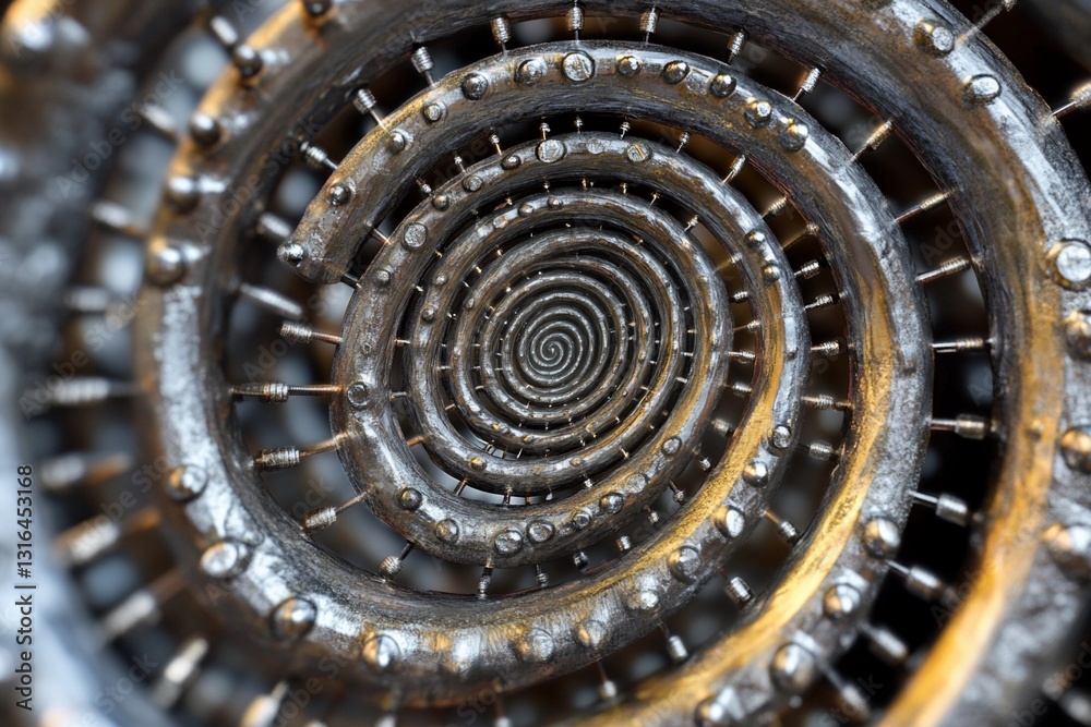 Fototapeta premium Spiral formation of metallic spikes creates an intriguing visual illusion in modern art installation