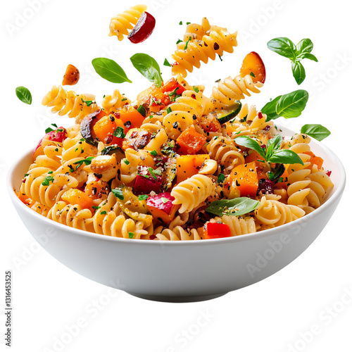 A Creamy Pasta Salad with Roasted Vegetables and Dress Isolated on Transparent Background