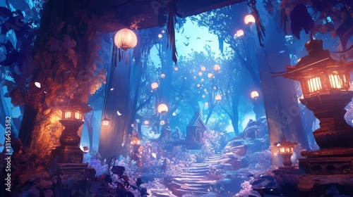 Enchanting Lantern-Lit Path Through a Mystical Forest