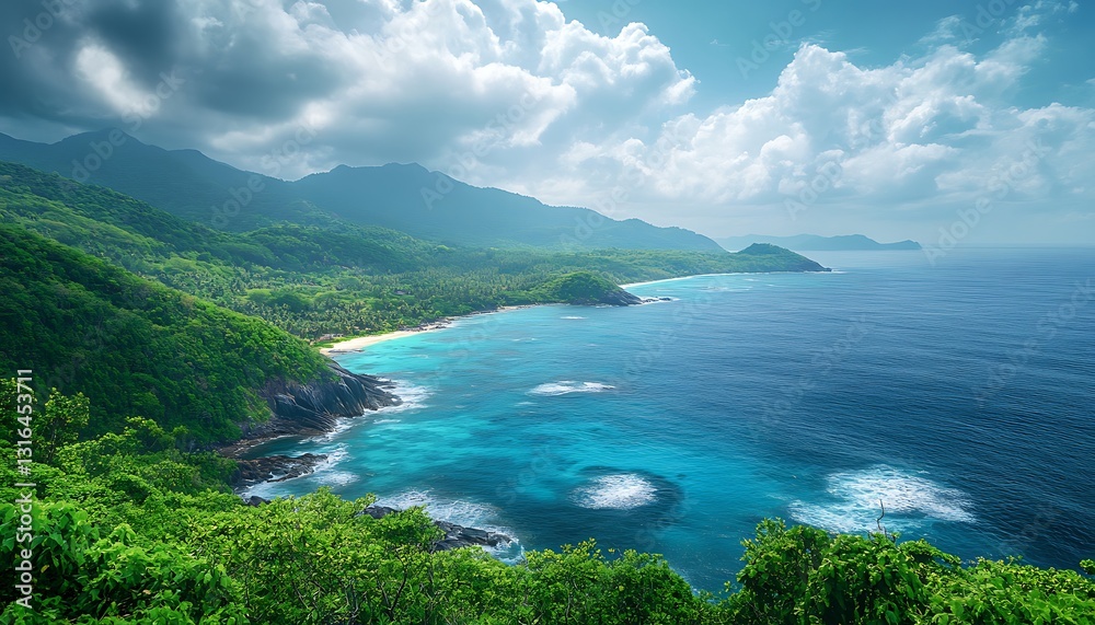 Lush tropical coastline with turquoise ocean and mountains. Lush tropical coastline with turquoise ocean and mountains.