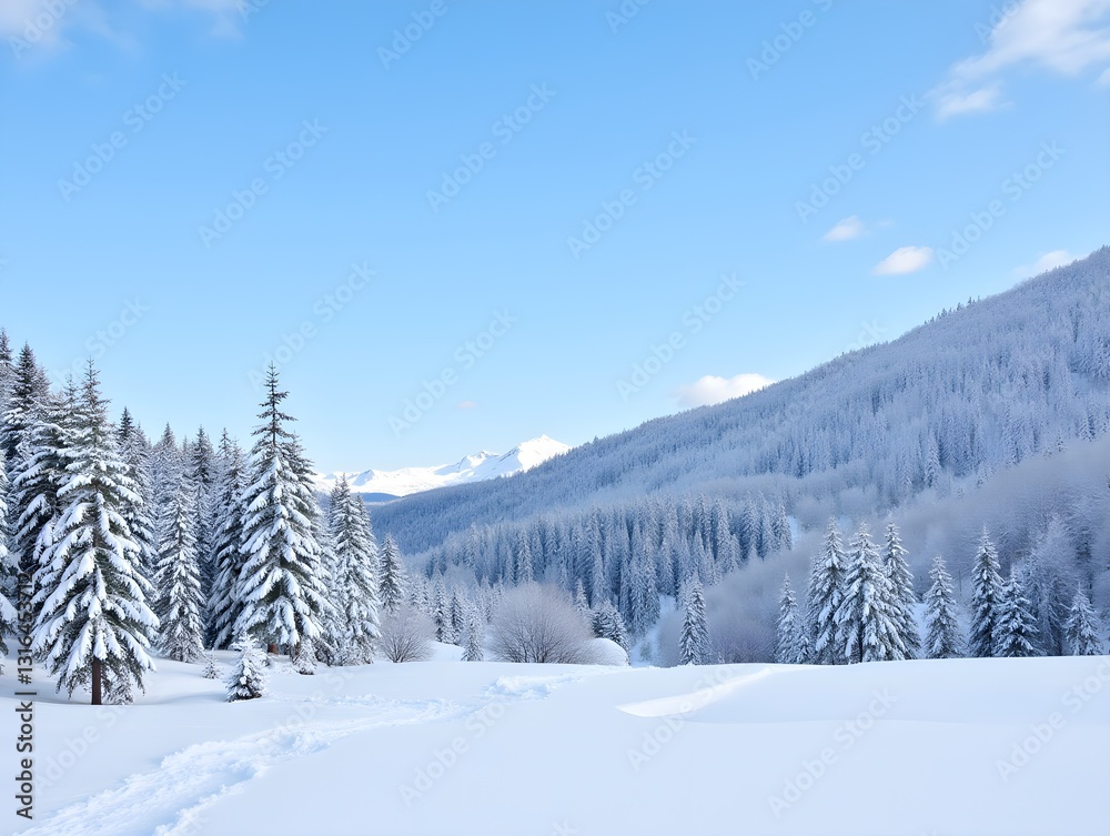 Snow-covered landscape with trees and mountains under a clear blue sky. Snow-covered landscape with trees and mountains under a clear blue sky.