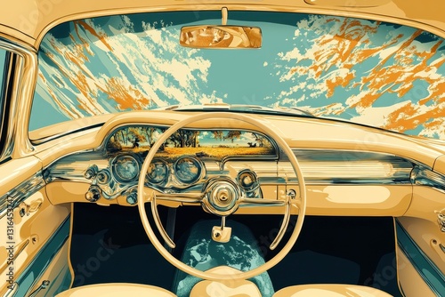 Interior view depicting a classic car dashboard and windshield vista