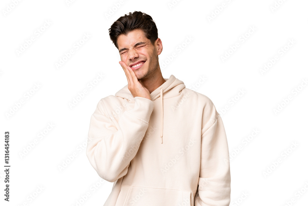 Young caucasian handsome man over isolated background with toothache Young caucasian handsome man over isolated background with toothache