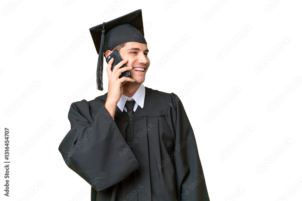 Young university graduate caucasian man over isolated background keeping a conversation with the mobile phone with someone Young university graduate caucasian man over isolated background keeping a conversation with the mobile phone with someone