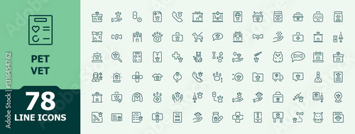 Pet Vet icon set. Contains related to dog, hamster, care, puppy, grooming, veterinary, animal and more. Isolated icon. Pet icons. Minimal icon pack.