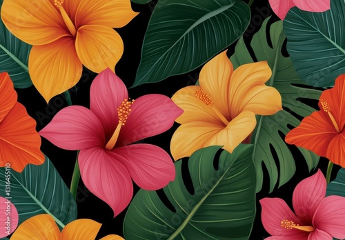 Wallpaper Mural Vibrant Hibiscus and Tropical Leaves Seamless Pattern Torontodigital.ca