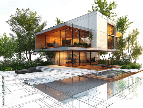 Wallpaper Mural Modern house design with glass walls surrounded by trees reflected in an architectural sketch of the pool and patio. Torontodigital.ca