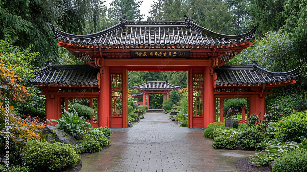 Red and black oriental gate framing a stone path through lush green gardens with another gate in the distance. Red and black oriental gate framing a stone path through lush green gardens with another gate in the distance.