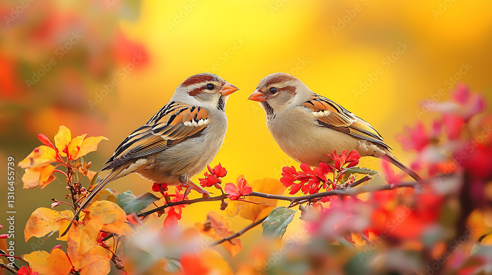 Two sparrows perch on a branch with autumn leaves and red berries bathed in warm golden light. Two sparrows perch on a branch with autumn leaves and red berries bathed in warm golden light.