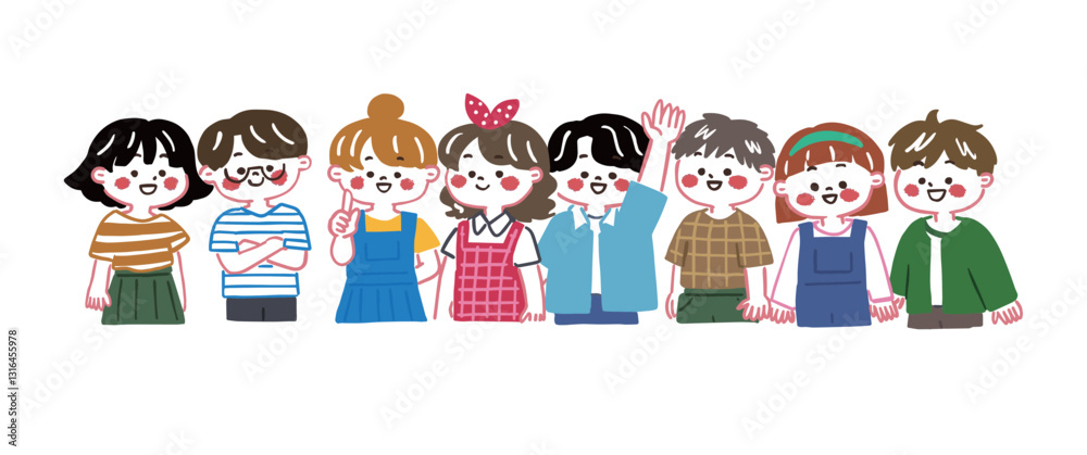 Fototapeta premium こちらを見て笑っている小学生くらいのかわいい子供達のイラスト