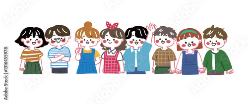 こちらを見て笑っている小学生くらいのかわいい子供達のイラスト
