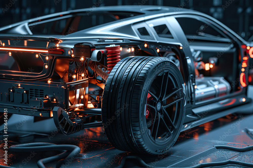 Obraz premium Power source for charging battery of beautiful hybrid electric car on road, abstract vivid composition consists of fictional unreal fantastic vision on background