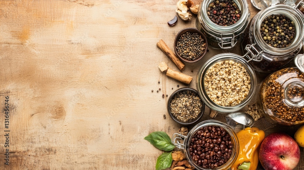 Assorted Spices And Herbs Arranged In Glass Jars On Rustic Wooden Background With Fresh Vegetables And Natural Ingredients For Culinary Enthusiasts Assorted Spices And Herbs Arranged In Glass Jars On Rustic Wooden Background With Fresh Vegetables And Natural Ingredients For Culinary Enthusiasts