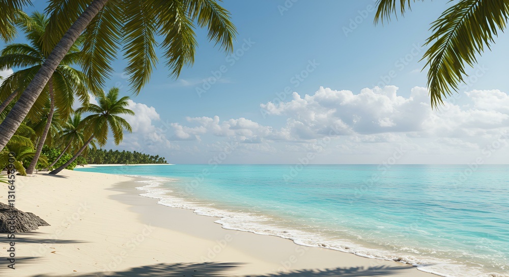 A tropical beach with turquoise waters, soft white sand, gentle waves, palm trees swaying in the breeze, bright sunny sky