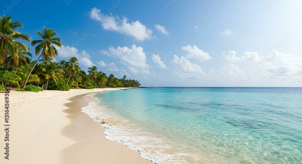 Fototapeta premium A tropical beach with turquoise waters, soft white sand, gentle waves, palm trees swaying in the breeze, bright sunny sky