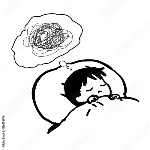 Lost in thought, a child drifts into dreams while tangled ideas swirl in their mind.