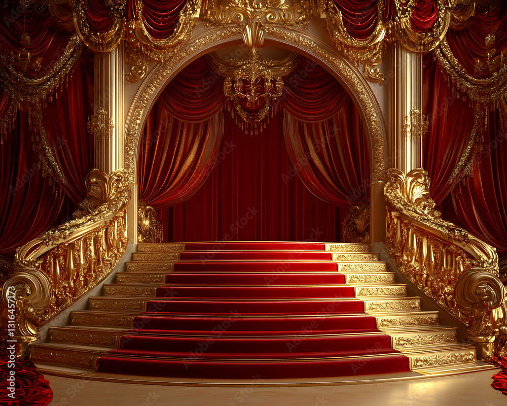 Luxurious Grand Staircase with Golden Accents and Red Velvet Details