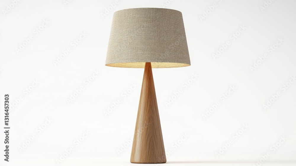 Modern table lamp with light beige fabric shade and wooden cone base Modern table lamp with light beige fabric shade and wooden cone base